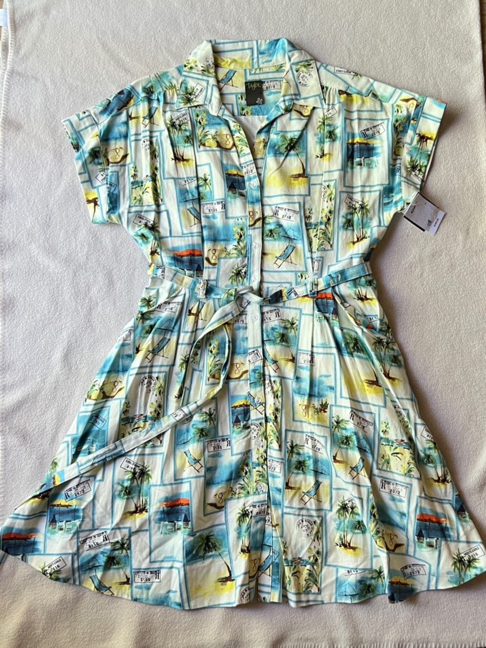 Taylor Fit & Flare Linen Blend Dress Size 14 (Large) Belt Waist Pockets Resort - Picture 9 of 16